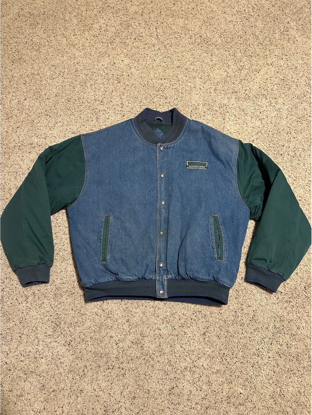 Tri-Mountain Westling Manufacturing Denim and Green Sleeve Bomber Jacket XL